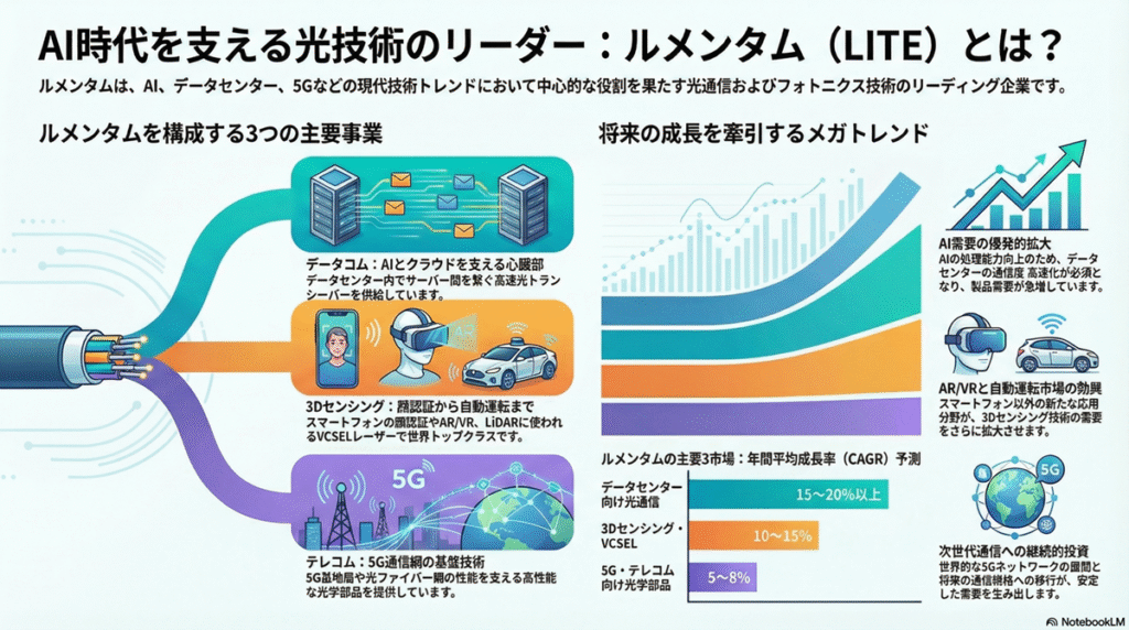 ルメンタム・ホールディングス（LITE）は、アメリカの光通信およびフォトニクス技術企業であり、特にデータ通信、通信ネットワーク、レーザー応用製品の分野で高度な光学ソリューションを提供している。