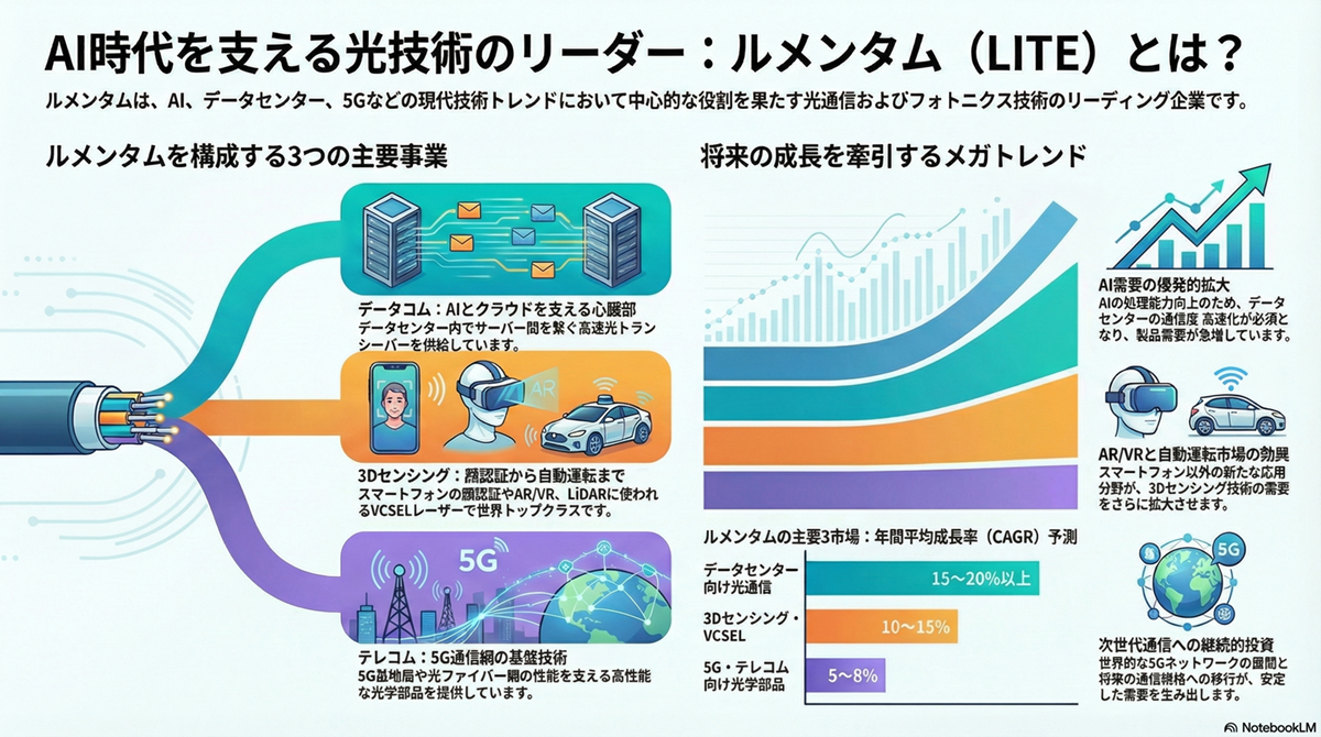 ルメンタム・ホールディングス(LITE)は、アメリカの光通信およびフォトニクス技術企業であり、特にデータ通信、通信ネットワーク、レーザー応用製品の分野で高度な光学ソリューションを提供している。