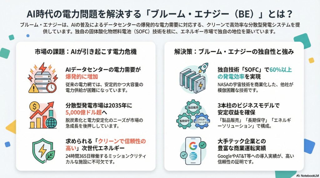 ブルーム・エナジー(BE)は、アメリカの分散型発電システム企業であり、特に独自の固体酸化物燃料電池(SOFC)技術を活用したクリーンエネルギーソリューションの開発・製造・販売を主軸とする。