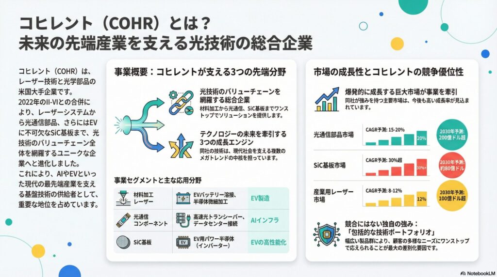 コヒレント(COHR)は、アメリカのレーザー技術と光学部品企業であり、特に材料加工、光通信、科学研究、医療など幅広い分野で使用される高性能レーザーシステムと光学コンポーネントの開発・製造・販売を主軸とする。