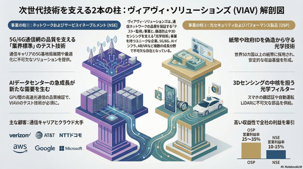 ヴィアヴィ・ソリューションズ(VIAV)は、アメリカの通信インフラ企業であり、ネットワークの品質保証・監視・テストソリューションと、光学技術(3Dセンシング、偽造防止)を提供し、通信事業者、クラウドプロバイダー、政府機関、航空宇宙企業向けにミッションクリティカルな技術を展開している。