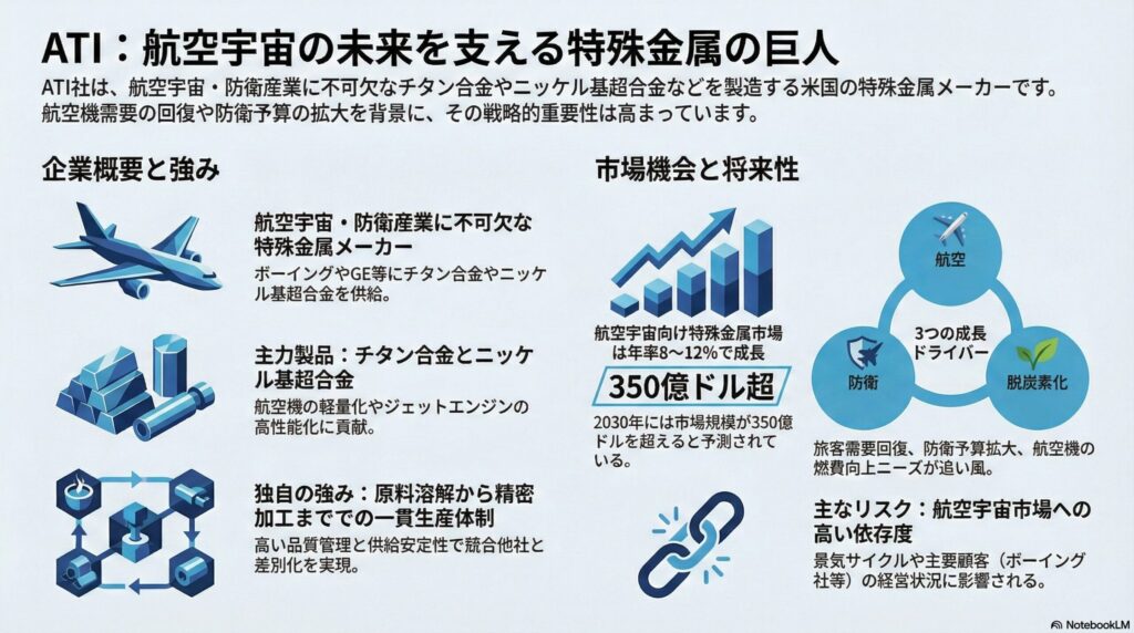 ATIは、アメリカの特殊金属・合金メーカーであり、特に航空宇宙・防衛産業向けの高性能金属材料の製造を主軸