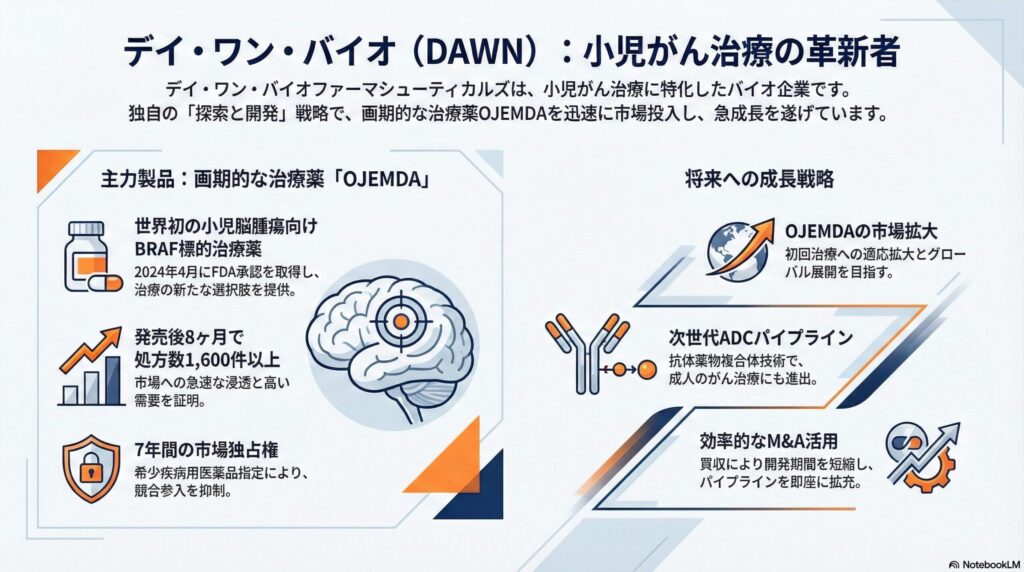 2018年に創業されたデイ・ワン・バイオファーマシューティカルズ(Day One Biopharmaceuticals, Inc.)は、小児がん治療薬の開発と商業化に特化した、商業段階のバイオ医薬品企業