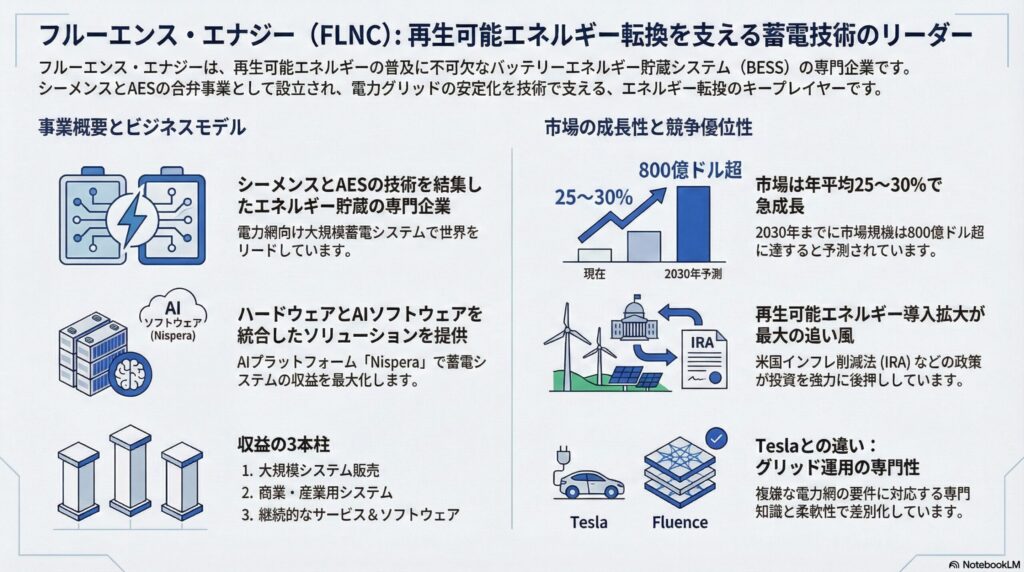 フルーエンス・エナジー(FLNC)は、アメリカのバッテリーエネルギー貯蔵システム企業であり、特にグリッドスケール(電力網規模)のエネルギー貯蔵ソリューションの提供を主軸とする。