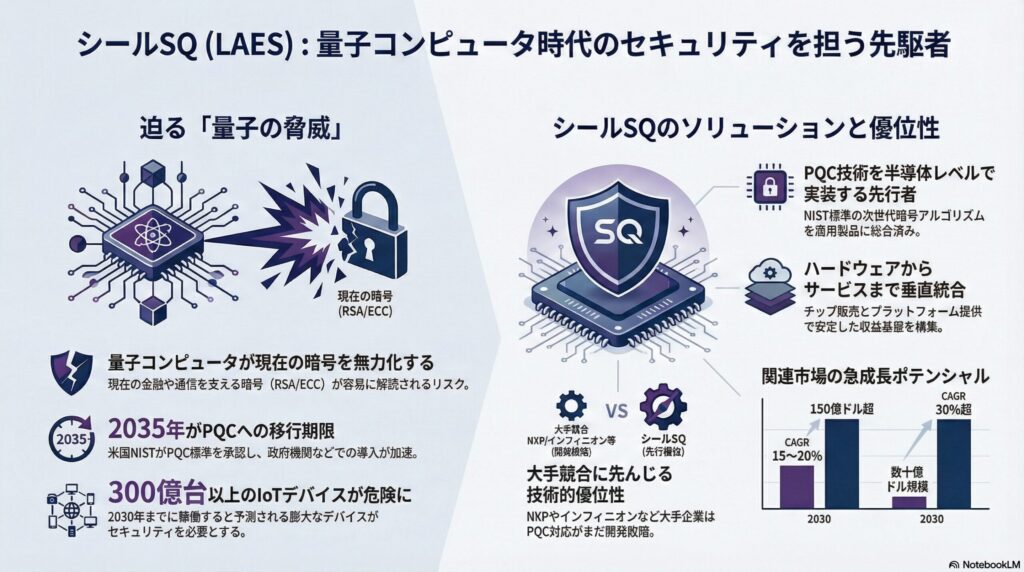 シールSQ(LAES)は、スイスの半導体セキュリティ企業であり、特にIoTデバイス向けのセキュアエレメントチップの設計・製造と、ポスト量子暗号(PQC)技術の開発・実装を主軸とする。