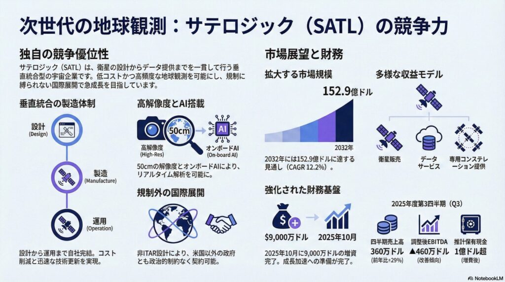 サテロジック（SATL）は、地球観測衛星の設計・製造・運用、そして衛星画像と地理空間データの提供を一貫して行う宇宙インフラ企業。